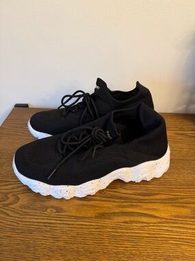 Women’s Black Knit Lace-Up Sneakers with Speckled White Sole